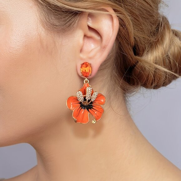 Passion of Essence Jewelry - Bohemian Style Orange Flower Rhinestone Drop Earrings